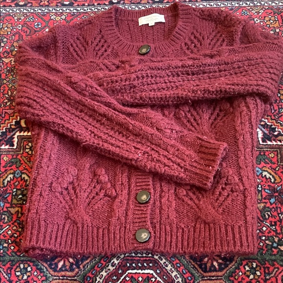 Sezane Burgundy Eugenie Cable Knit Cardigan Jumper - Picture 3 of 5